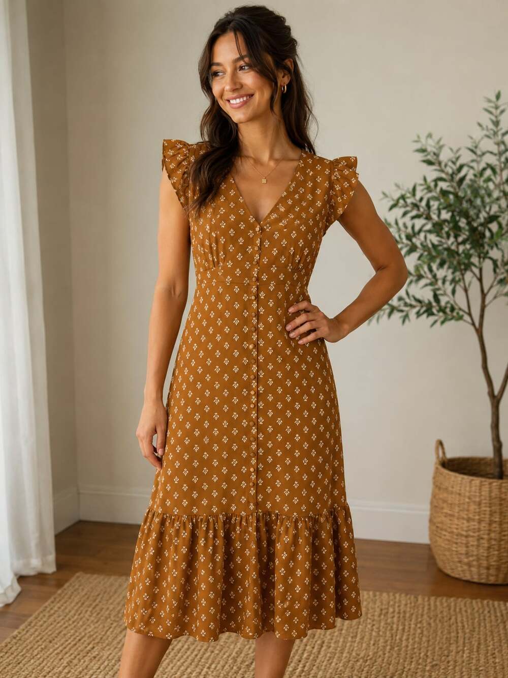 Monteau Los Angeles Brown Floral Midi Dress Size S Ruffle Sleeve V-Neck Button